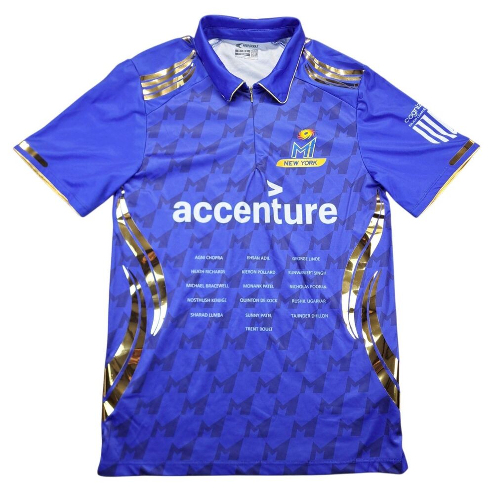 MI New York Cricket Jersey Blue Gold Mens Size M Performax Fastdry Short Sleeve